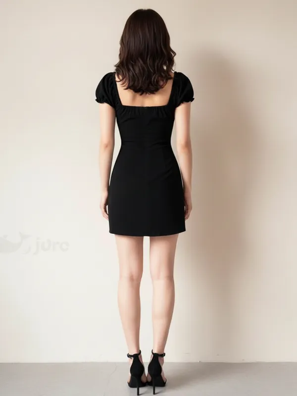 Ekeshwara_Elegant_Black_Bodycon_Mini_Dress_with_Puff_Sleeves|_Model_Height_5.8inch_,_Fabric_All_Way_Stretchable