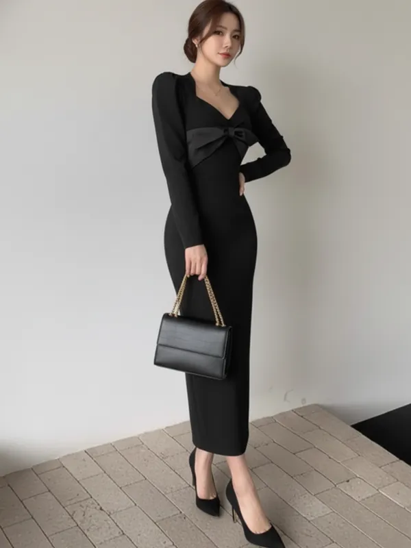 Ekeshwara_Elegant_Black_Bow_Detail_Bodycon_Midi_Dress_??Long_Sleeve|_Model_Height_5.8inch_,_Fabric_All_Way_Stretchable