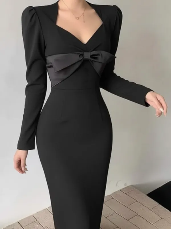 Ekeshwara_Elegant_Black_Bow_Detail_Bodycon_Midi_Dress_??Long_Sleeve|_Model_Height_5.8inch_,_Fabric_All_Way_Stretchable