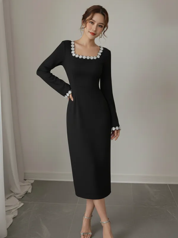 Ekeshwara_Elegant_Black_Midi_Dress_with_Floral_Trim_??Long_Sleeve,_Square_Neck|_Model_Height_5.8inch_,_Fabric_All_Way_Stretchable