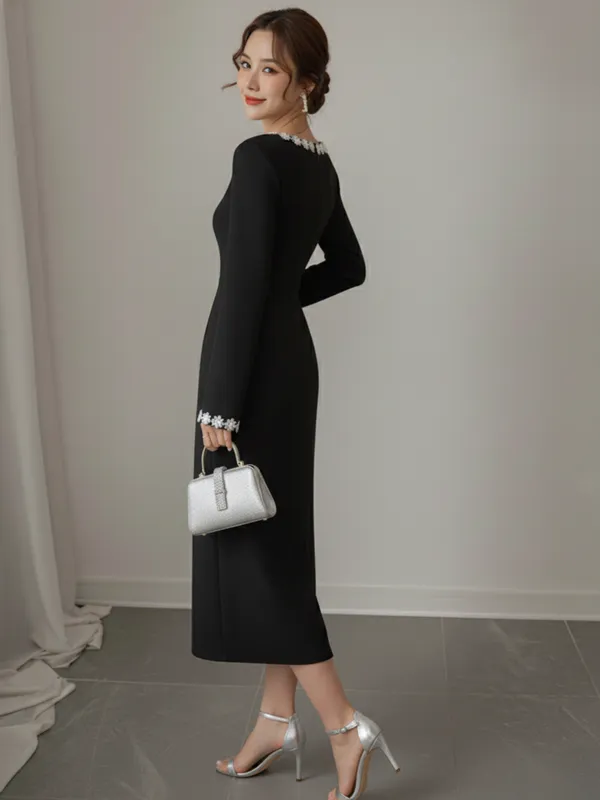Ekeshwara_Elegant_Black_Midi_Dress_with_Floral_Trim_??Long_Sleeve,_Square_Neck|_Model_Height_5.8inch_,_Fabric_All_Way_Stretchable