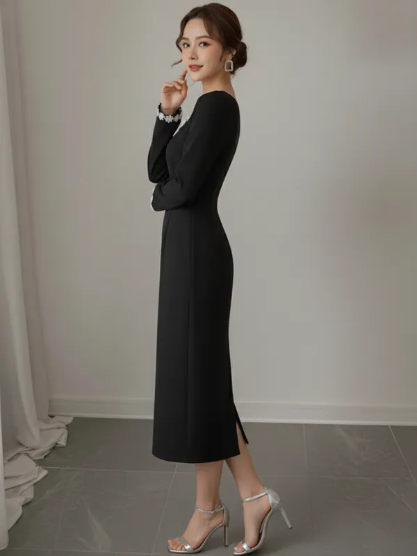 Ekeshwara_Elegant_Black_Midi_Dress_with_Floral_Trim_??Long_Sleeve,_Square_Neck|_Model_Height_5.8inch_,_Fabric_All_Way_Stretchable