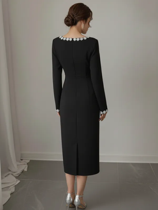 Ekeshwara_Elegant_Black_Midi_Dress_with_Floral_Trim_??Long_Sleeve,_Square_Neck|_Model_Height_5.8inch_,_Fabric_All_Way_Stretchable