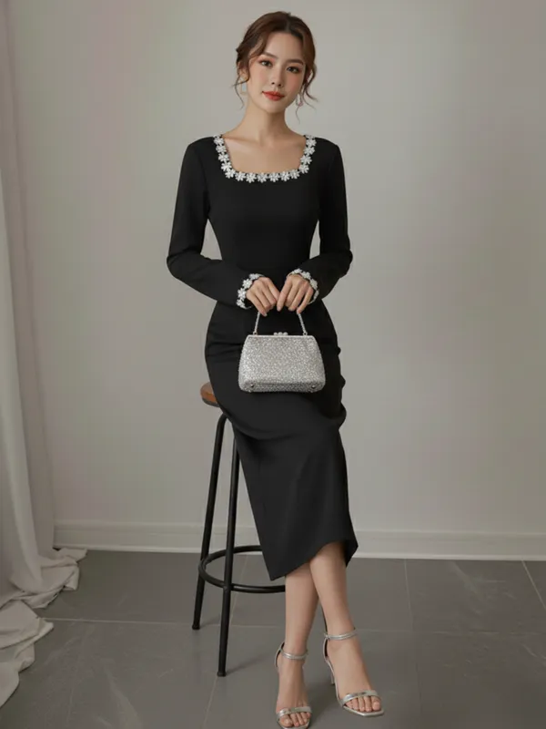 Ekeshwara_Elegant_Black_Midi_Dress_with_Floral_Trim_??Long_Sleeve,_Square_Neck|_Model_Height_5.8inch_,_Fabric_All_Way_Stretchable