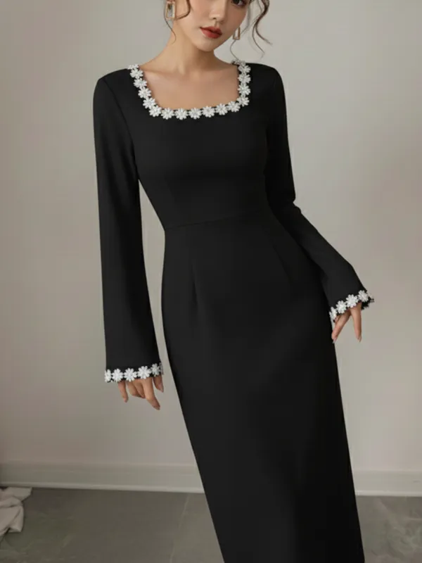 Ekeshwara_Elegant_Black_Midi_Dress_with_Floral_Trim_??Long_Sleeve,_Square_Neck|_Model_Height_5.8inch_,_Fabric_All_Way_Stretchable