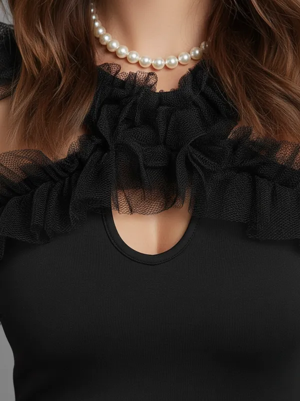 Ekeshwara_Elegant_Black_Ruffle_Neck_Bodycon_Dress_??Sleeveless,_Knee_Length|_Model_Height_5.8inch_,_Fabric_All_Way_Stretchable
