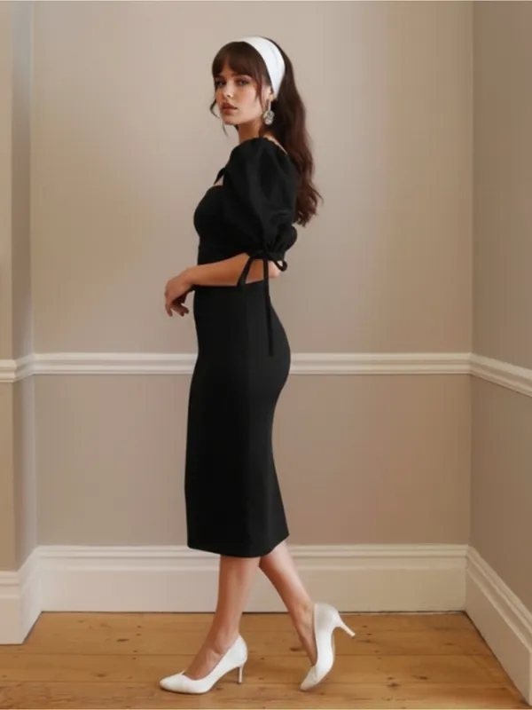 Ekeshwara_Elegant_Black_Square_Neck_Puff_Sleeve_Bodycon_Midi_Dress|_Model_Height_5.8inch_,_Fabric_All_Way_Stretchable