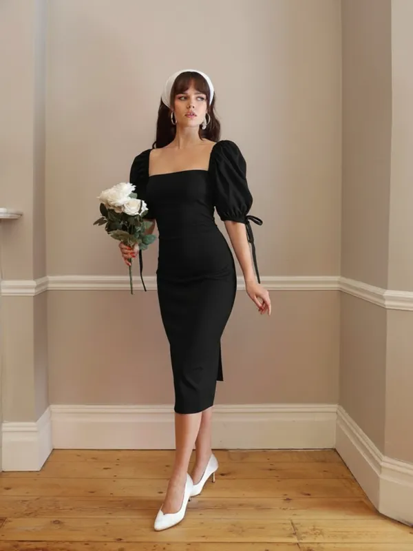 Ekeshwara_Elegant_Black_Square_Neck_Puff_Sleeve_Bodycon_Midi_Dress|_Model_Height_5.8inch_,_Fabric_All_Way_Stretchable