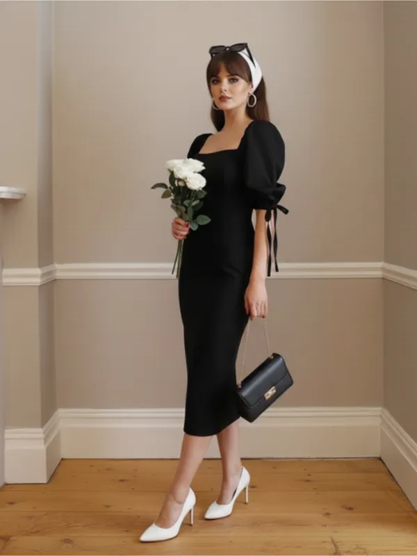 Ekeshwara_Elegant_Black_Square_Neck_Puff_Sleeve_Bodycon_Midi_Dress|_Model_Height_5.8inch_,_Fabric_All_Way_Stretchable