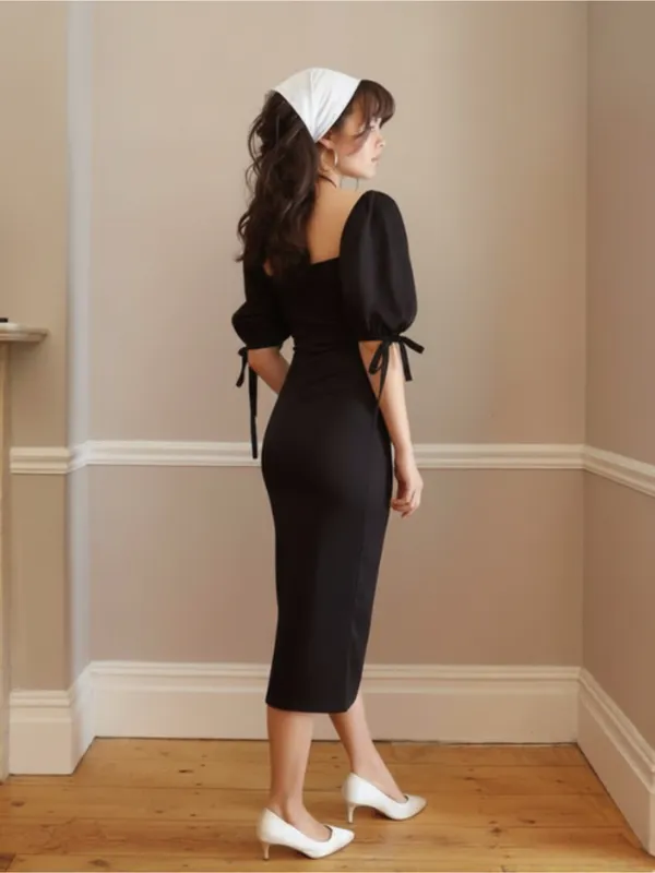 Ekeshwara_Elegant_Black_Square_Neck_Puff_Sleeve_Bodycon_Midi_Dress|_Model_Height_5.8inch_,_Fabric_All_Way_Stretchable