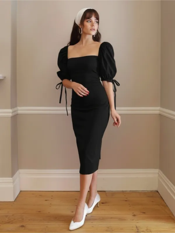 Ekeshwara_Elegant_Black_Square_Neck_Puff_Sleeve_Bodycon_Midi_Dress|_Model_Height_5.8inch_,_Fabric_All_Way_Stretchable