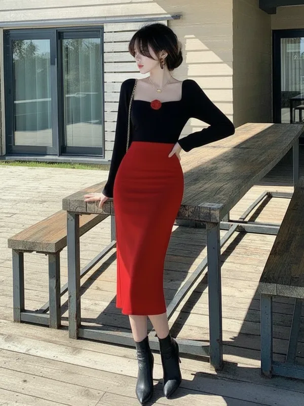 Ekeshwara_Elegant_Black_&_Red_Bodycon_Midi_Dress_for_Women|_Model_Height_5.8inch_,_Fabric_All_Way_Stretchable