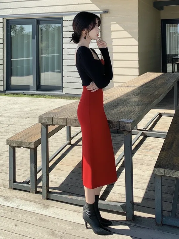 Ekeshwara_Elegant_Black_&_Red_Bodycon_Midi_Dress_for_Women|_Model_Height_5.8inch_,_Fabric_All_Way_Stretchable