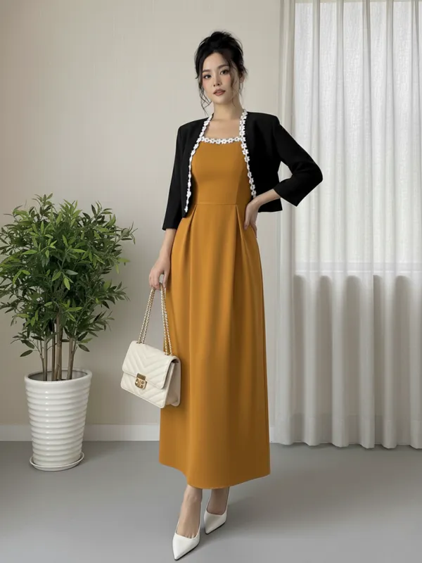 Ekeshwara_Elegant_Mustard_Sleeveless_Midi_Dress_with_Black_Pearl-Edged_Shrug|_Model_Height_5.8inch_,_Fabric_All_Way_Stretchable