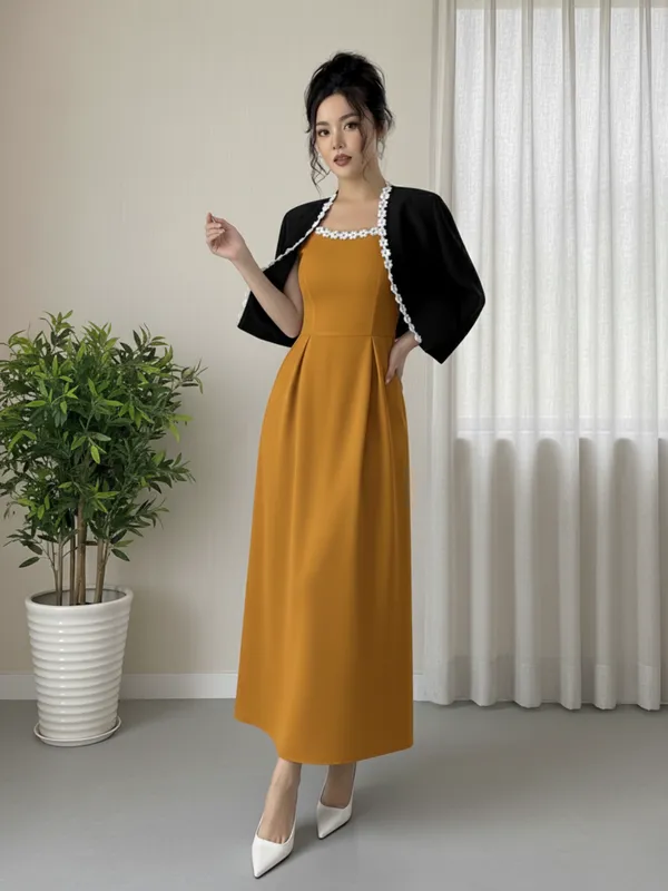 Ekeshwara_Elegant_Mustard_Sleeveless_Midi_Dress_with_Black_Pearl-Edged_Shrug|_Model_Height_5.8inch_,_Fabric_All_Way_Stretchable