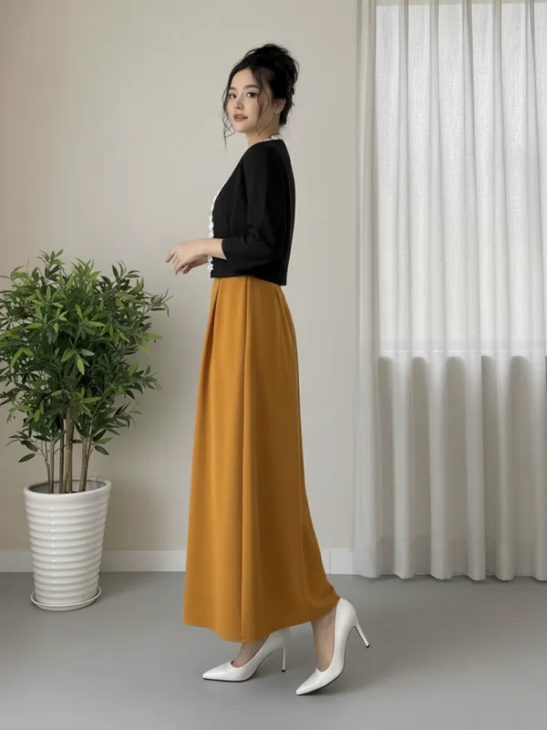 Ekeshwara_Elegant_Mustard_Sleeveless_Midi_Dress_with_Black_Pearl-Edged_Shrug|_Model_Height_5.8inch_,_Fabric_All_Way_Stretchable