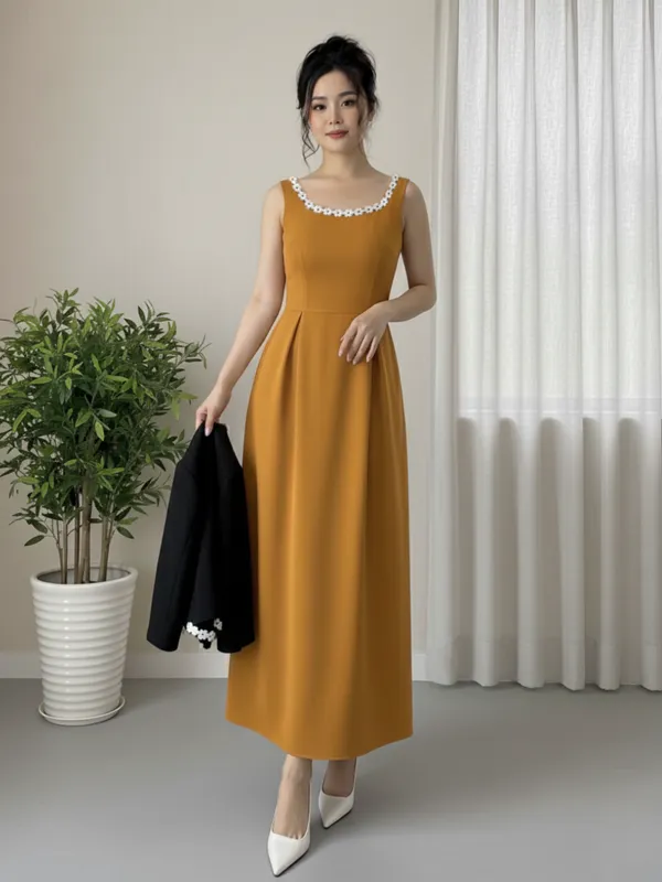 Ekeshwara_Elegant_Mustard_Sleeveless_Midi_Dress_with_Black_Pearl-Edged_Shrug|_Model_Height_5.8inch_,_Fabric_All_Way_Stretchable
