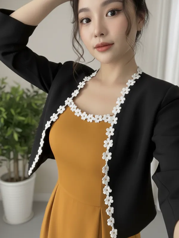 Ekeshwara_Elegant_Mustard_Sleeveless_Midi_Dress_with_Black_Pearl-Edged_Shrug|_Model_Height_5.8inch_,_Fabric_All_Way_Stretchable