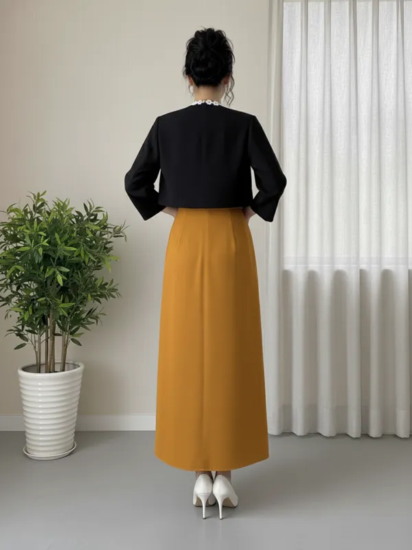Ekeshwara_Elegant_Mustard_Sleeveless_Midi_Dress_with_Black_Pearl-Edged_Shrug|_Model_Height_5.8inch_,_Fabric_All_Way_Stretchable