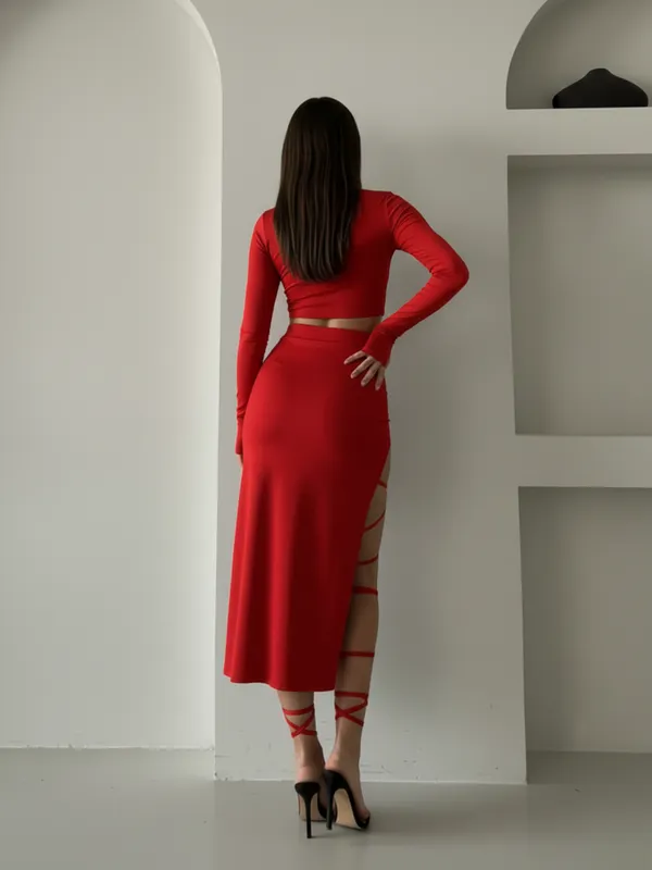 Ekeshwara_Elegant_Red_High_Slit_Bodycon_Wrap_Dress_with_Strappy_Detailing|_Model_Height_5.8inch_,_Fabric_All_Way_Stretchable
