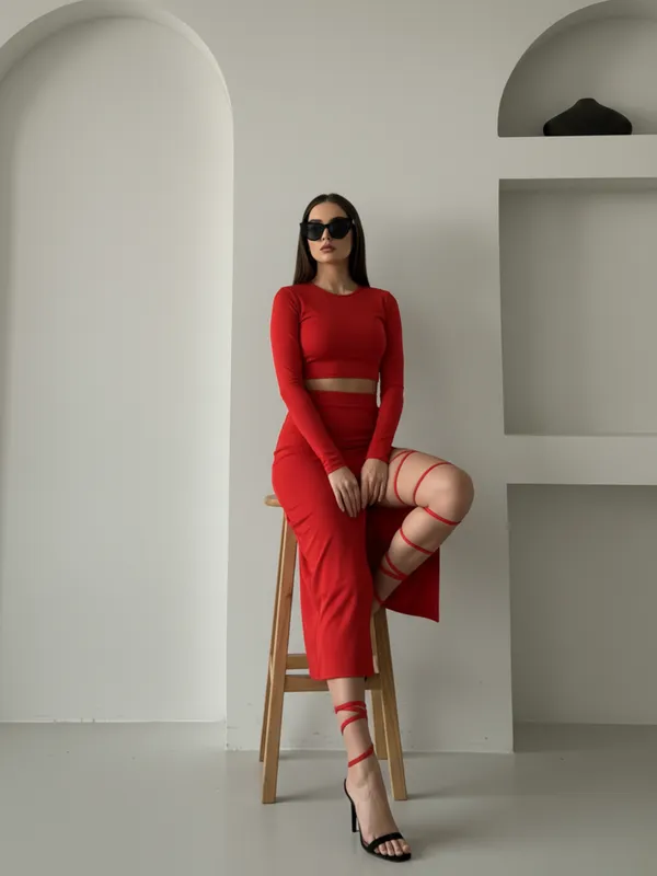 Ekeshwara_Elegant_Red_High_Slit_Bodycon_Wrap_Dress_with_Strappy_Detailing|_Model_Height_5.8inch_,_Fabric_All_Way_Stretchable