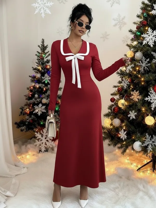 Ekeshwara_Festive_Maroon_Bow_Detail_Maxi_Dress_?_Long_Sleeve,_Contrast_Trim|_Model_Height_5.8inch_,_Fabric_All_Way_Stretchable