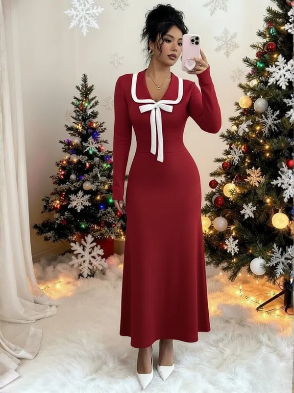 Ekeshwara_Festive_Maroon_Bow_Detail_Maxi_Dress_?_Long_Sleeve,_Contrast_Trim|_Model_Height_5.8inch_,_Fabric_All_Way_Stretchable