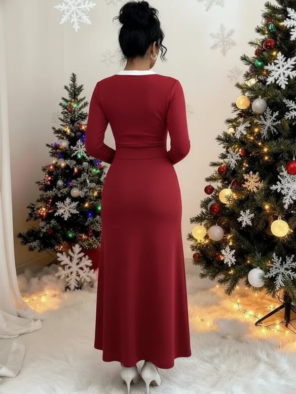 Ekeshwara_Festive_Maroon_Bow_Detail_Maxi_Dress_?_Long_Sleeve,_Contrast_Trim|_Model_Height_5.8inch_,_Fabric_All_Way_Stretchable