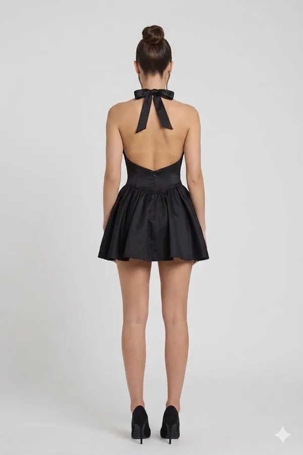 Ekeshwara_Halter_Neck_Pleated_Mini_Dress_–_Midnight_Black|_Model_Height_5.8inch_,_Fabric_All_Way_Stretchable