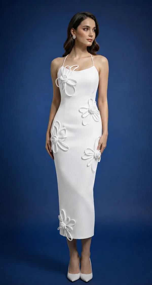 Ekeshwara_Ivory_Floral_Sculpt_Bodycon_Midi_Dress|_Model_Height_5.8inch_,_Fabric_All_Way_Stretchable
