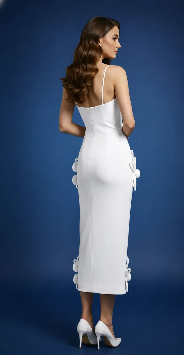 Ekeshwara_Ivory_Floral_Sculpt_Bodycon_Midi_Dress|_Model_Height_5.8inch_,_Fabric_All_Way_Stretchable