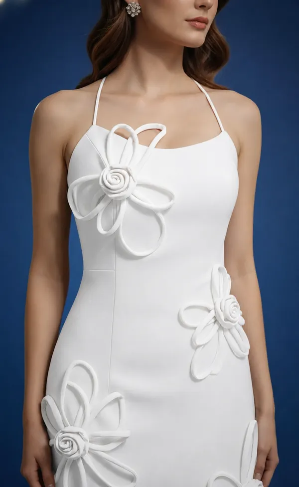 Ekeshwara_Ivory_Floral_Sculpt_Bodycon_Midi_Dress|_Model_Height_5.8inch_,_Fabric_All_Way_Stretchable