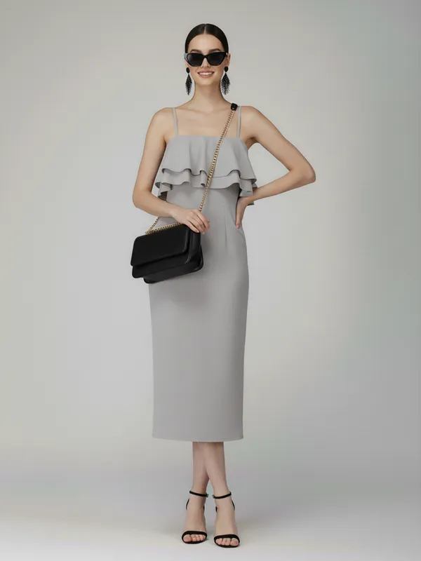 Ekeshwara_Light_Grey_Ruffle_Layered_Cami_Midi_Dress|_Model_Height_5.8inch_,_Fabric_All_Way_Stretchable