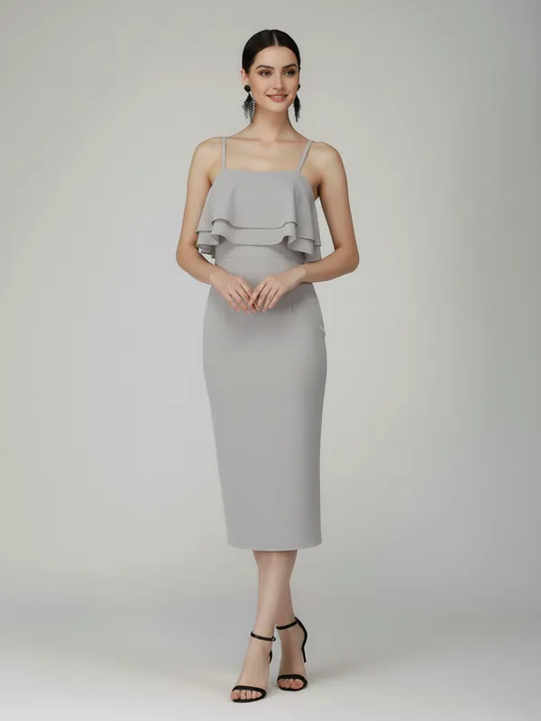 Ekeshwara_Light_Grey_Ruffle_Layered_Cami_Midi_Dress|_Model_Height_5.8inch_,_Fabric_All_Way_Stretchable