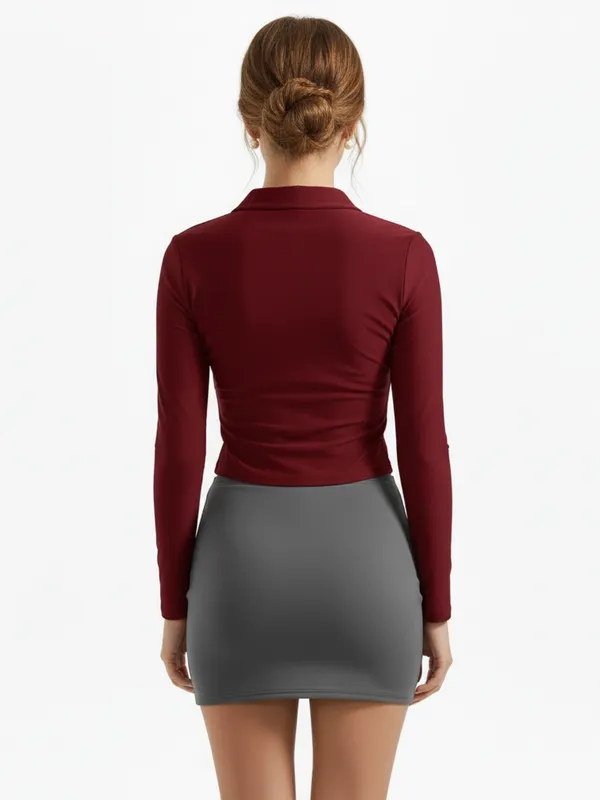 Ekeshwara_Maroon_Collared_Ruched_Drawstring_Crop_Top_for_Women|_Model_Height_5.8inch_,_Fabric_All_Way_Stretchable