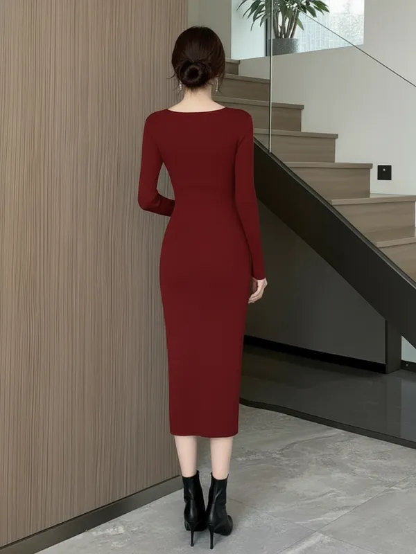 Ekeshwara_Maroon_Ribbed_Bodycon_Midi_Dress_with_Tie_Neck|_Model_Height_5.8inch_,_Fabric_All_Way_Stretchable