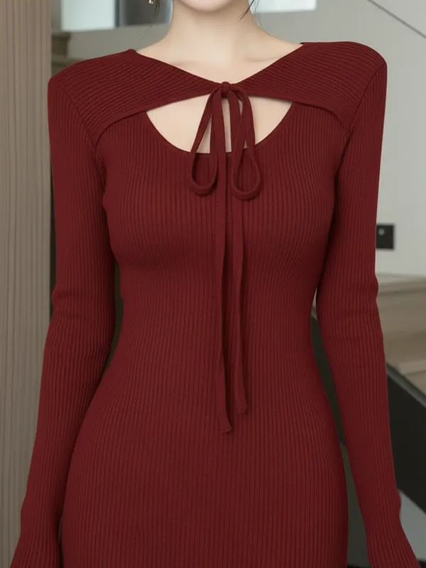 Ekeshwara_Maroon_Ribbed_Bodycon_Midi_Dress_with_Tie_Neck|_Model_Height_5.8inch_,_Fabric_All_Way_Stretchable