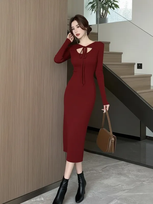Ekeshwara_Maroon_Ribbed_Bodycon_Midi_Dress_with_Tie_Neck|_Model_Height_5.8inch_,_Fabric_All_Way_Stretchable