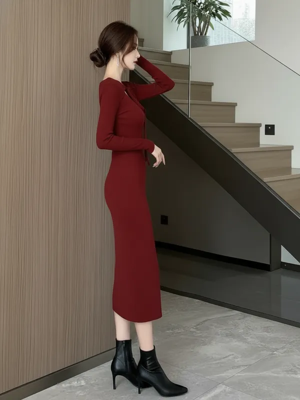 Ekeshwara_Maroon_Ribbed_Bodycon_Midi_Dress_with_Tie_Neck|_Model_Height_5.8inch_,_Fabric_All_Way_Stretchable