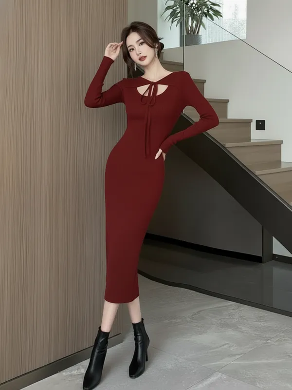 Ekeshwara_Maroon_Ribbed_Bodycon_Midi_Dress_with_Tie_Neck|_Model_Height_5.8inch_,_Fabric_All_Way_Stretchable