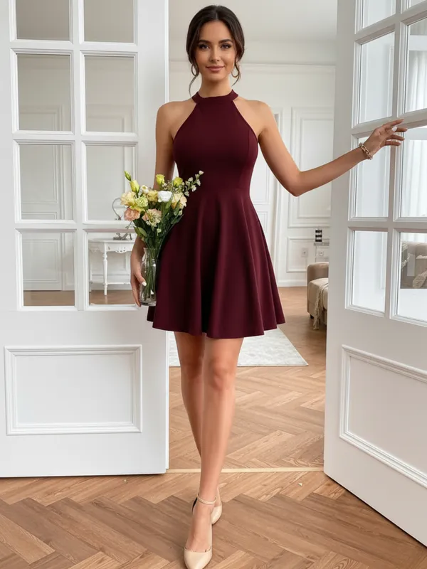 Ekeshwara_Maroon_Sleeveless_Halter_Neck_Fit_and_Flare_Mini_Dress_for_Women|_Model_Height_5.8inch_,_Fabric_All_Way_Stretchable