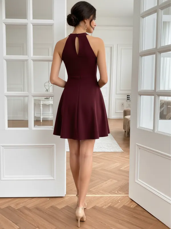 Ekeshwara_Maroon_Sleeveless_Halter_Neck_Fit_and_Flare_Mini_Dress_for_Women|_Model_Height_5.8inch_,_Fabric_All_Way_Stretchable