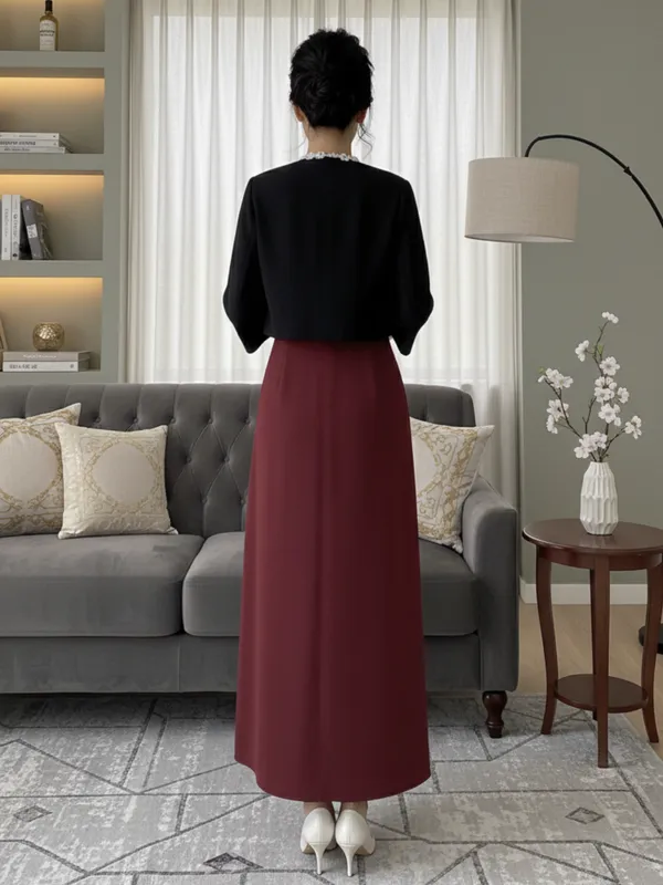 Ekeshwara_Maroon_Sleeveless_Midi_Dress_with_Black_Pearl-Trimmed_Shrug|_Model_Height_5.8inch_,_Fabric_All_Way_Stretchable