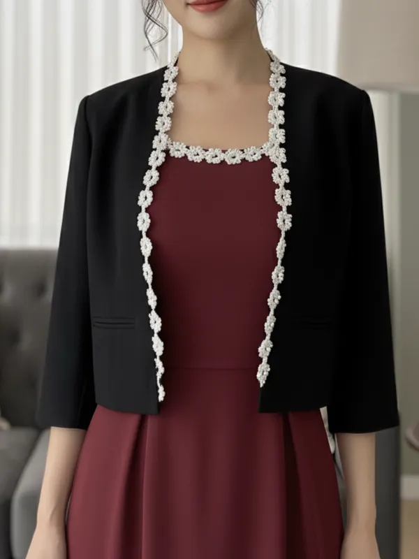 Ekeshwara_Maroon_Sleeveless_Midi_Dress_with_Black_Pearl-Trimmed_Shrug|_Model_Height_5.8inch_,_Fabric_All_Way_Stretchable