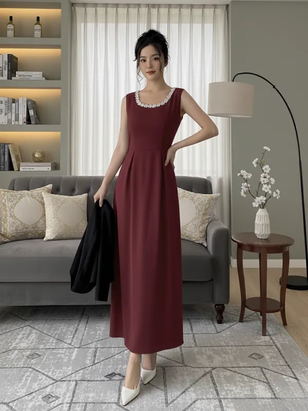 Ekeshwara_Maroon_Sleeveless_Midi_Dress_with_Black_Pearl-Trimmed_Shrug|_Model_Height_5.8inch_,_Fabric_All_Way_Stretchable