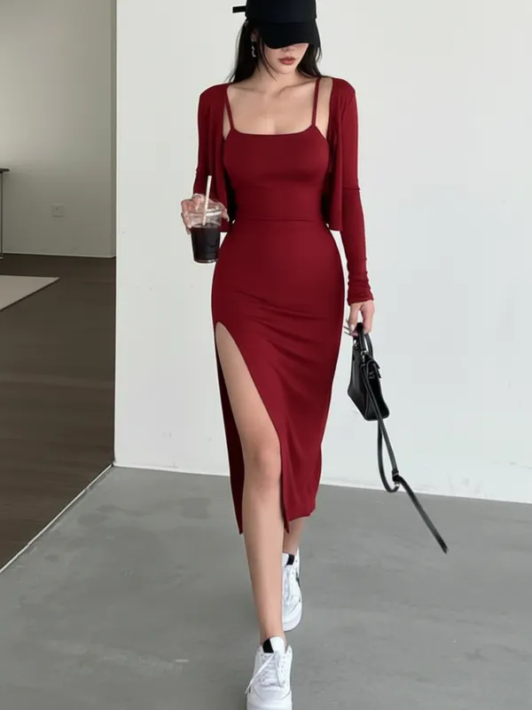 Ekeshwara_Maroon_Spaghetti_Strap_Bodycon_Midi_Dress_with_High_Slit_&_Shrug|_Model_Height_5.8inch_,_Fabric_All_Way_Stretchable