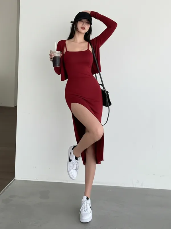 Ekeshwara_Maroon_Spaghetti_Strap_Bodycon_Midi_Dress_with_High_Slit_&_Shrug|_Model_Height_5.8inch_,_Fabric_All_Way_Stretchable