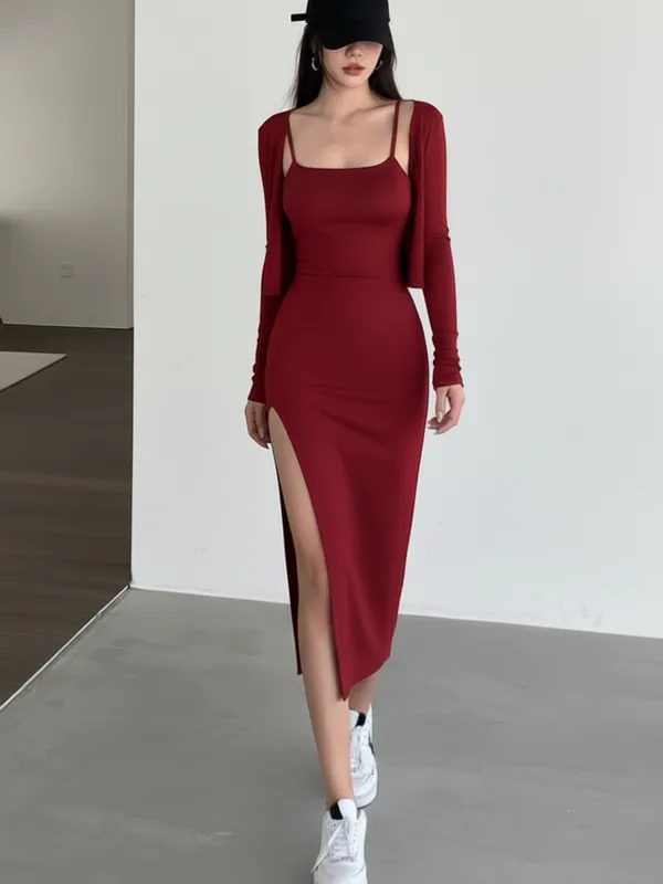 Ekeshwara_Maroon_Spaghetti_Strap_Bodycon_Midi_Dress_with_High_Slit_&_Shrug|_Model_Height_5.8inch_,_Fabric_All_Way_Stretchable
