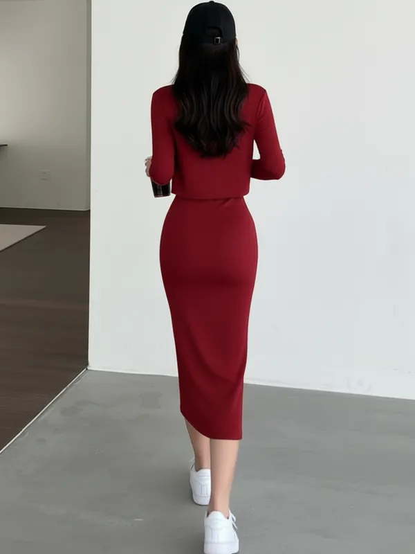 Ekeshwara_Maroon_Spaghetti_Strap_Bodycon_Midi_Dress_with_High_Slit_&_Shrug|_Model_Height_5.8inch_,_Fabric_All_Way_Stretchable