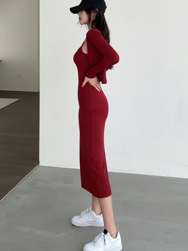 Ekeshwara_Maroon_Spaghetti_Strap_Bodycon_Midi_Dress_with_High_Slit_&_Shrug|_Model_Height_5.8inch_,_Fabric_All_Way_Stretchable